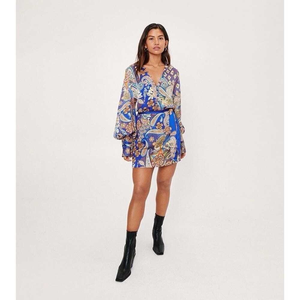 NASTY GAL COLLECTION Paisley Button Front Belted Mini Dress US 8 Satin Blue